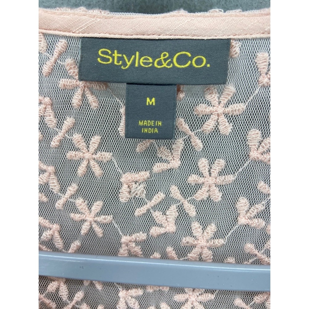 Style & Co Shirt Womens Sz M Boho Embroidered Blouse Peach Lace Mesh V-Neck - Picture 4 of 10